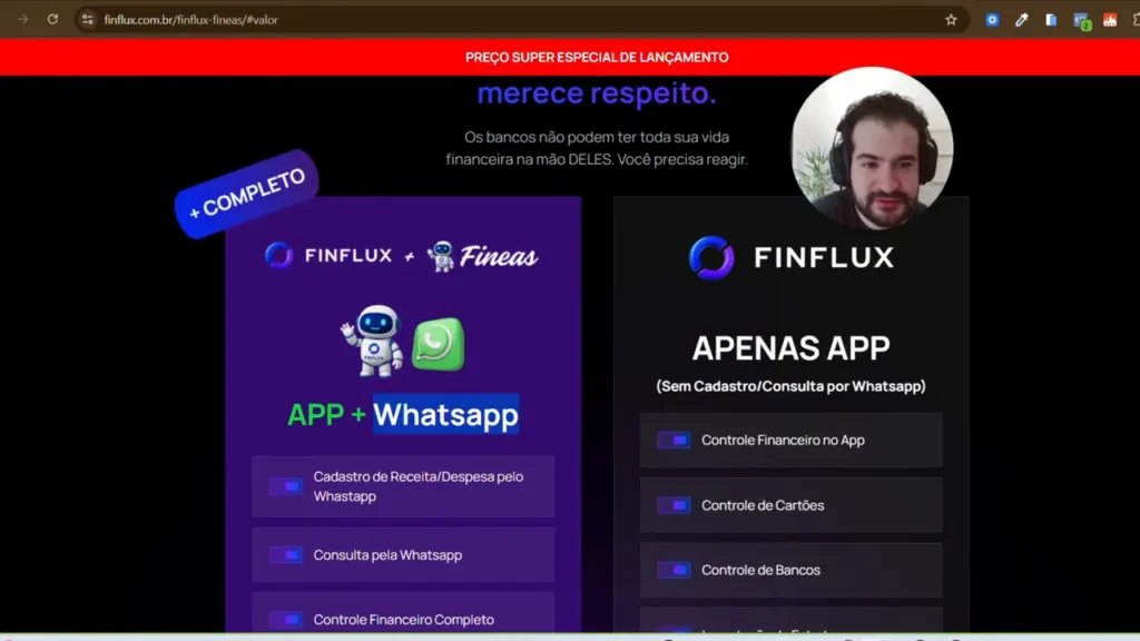 Página comparativa de planos do FinFlux mostrando claramente 'APP + Whatsapp' na coluna esquerda e 'APENAS APP' na coluna direita com lista de funcionalidades