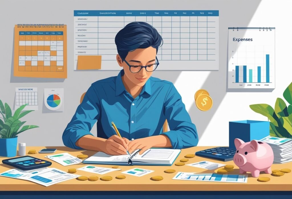 Pessoa sentada à mesa anotando despesas diárias com recibos, moedas, calendário e calculadora ao redor.