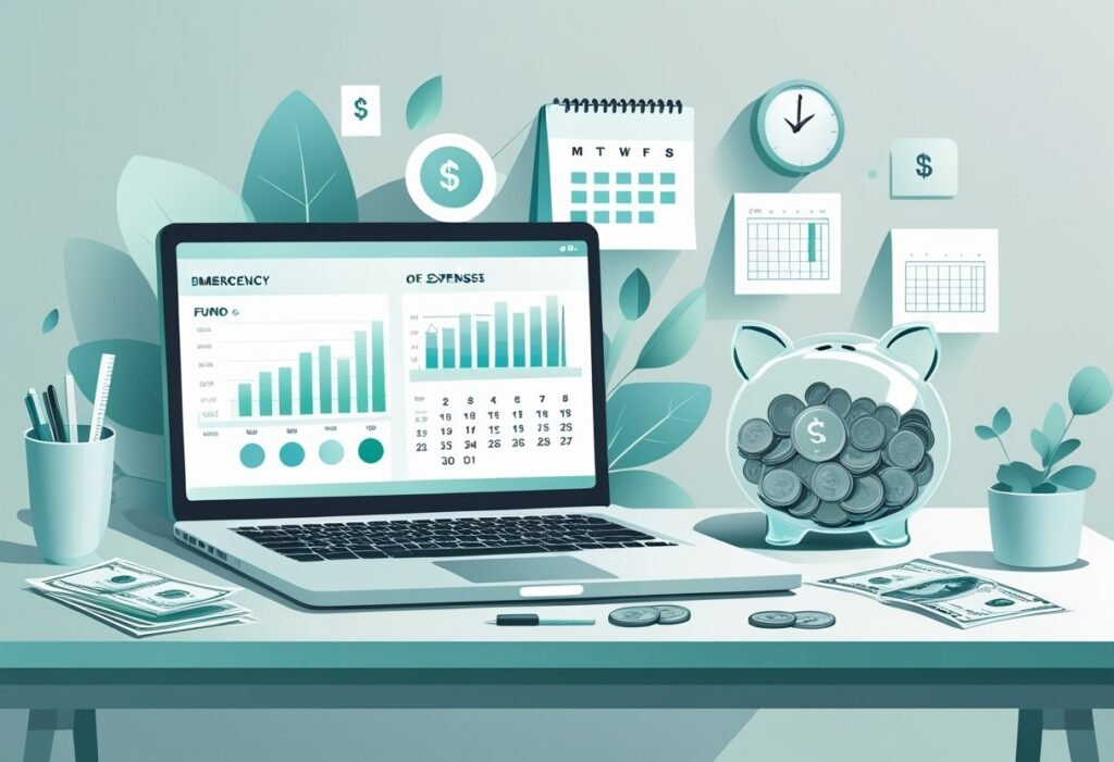 Mesa de escritório organizada com um cofrinho transparente cheio de moedas, um laptop mostrando gráficos financeiros e um calendário destacando seis meses.